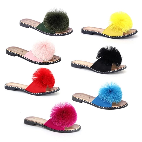 New Color! Turquoise Pom Pom Studded Flat Mule Sandals - Picture 3 of 6